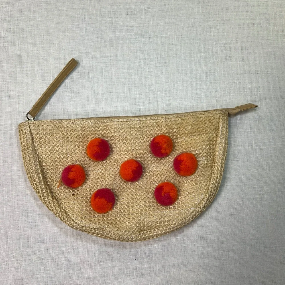 Boho Straw Pompom Clutch Women Tan Orange Half Moon Zipper Pouch Summer Bag 12in